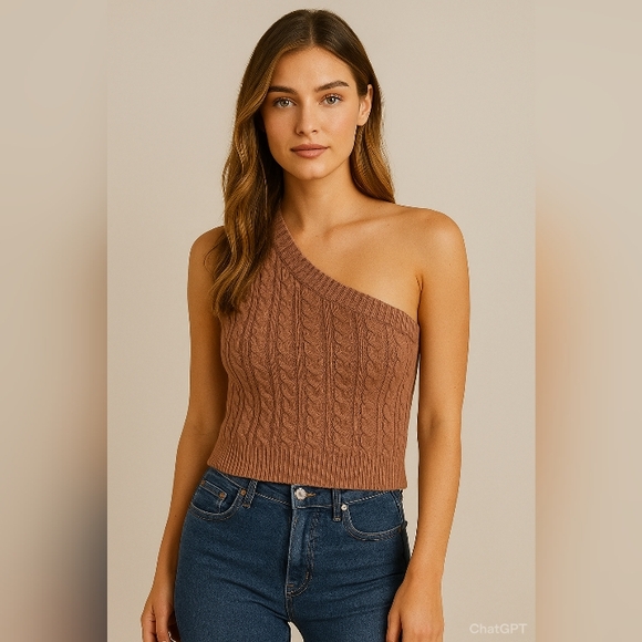 Sleeveless One-Shoulder Cable Knit Top - Brown - Picture 1 of 5